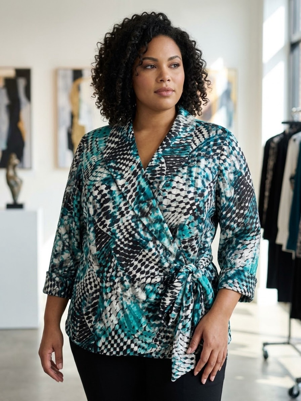 Alex Evenings Womens 2X Wrap Top Tie Waist Shimmer Blouse Teal Black 3/4 Sleeve